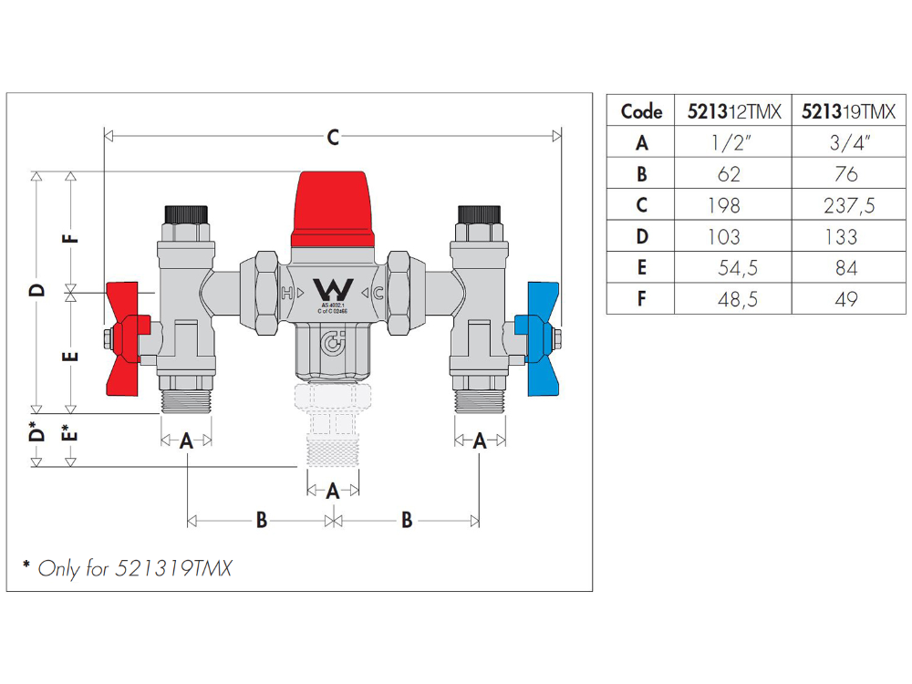 Caleffi 5213 TMV 15mm Tempering Valve with Hot and Cold Check Valves and Isolators