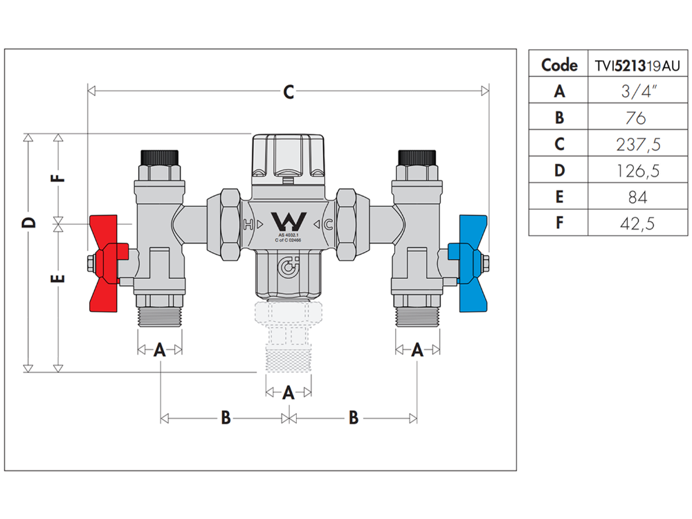 Caleffi 5213 20mm Tempering Valve with Hot and Cold Check Valves and Isolators