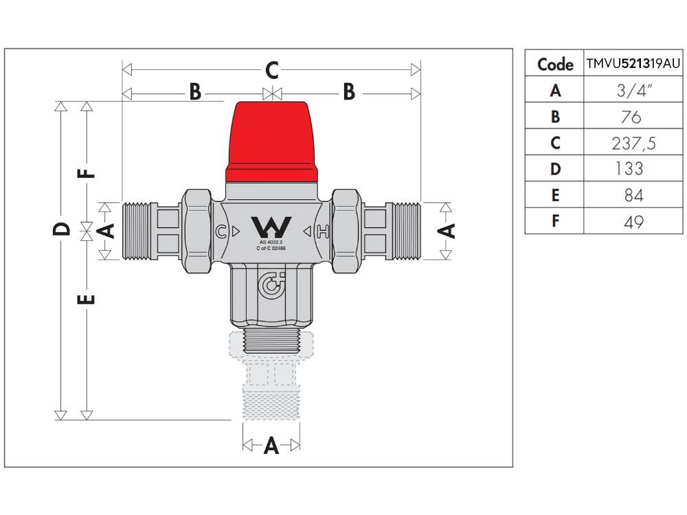 Caleffi 5213 Low Lead TMV 20mm Tempering Valve with Hot and Cold Check Valves and Straight Unions