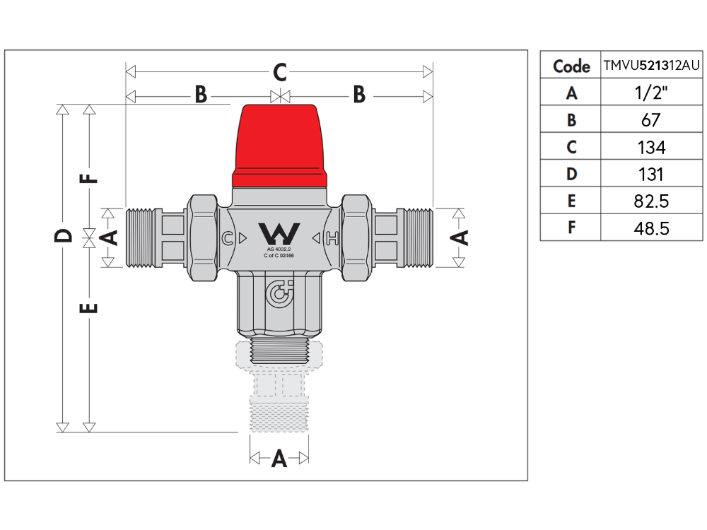 Caleffi 5213 Low Lead TMV 15mm Tempering Valve with Hot and Cold Check Valves and Straight Unions